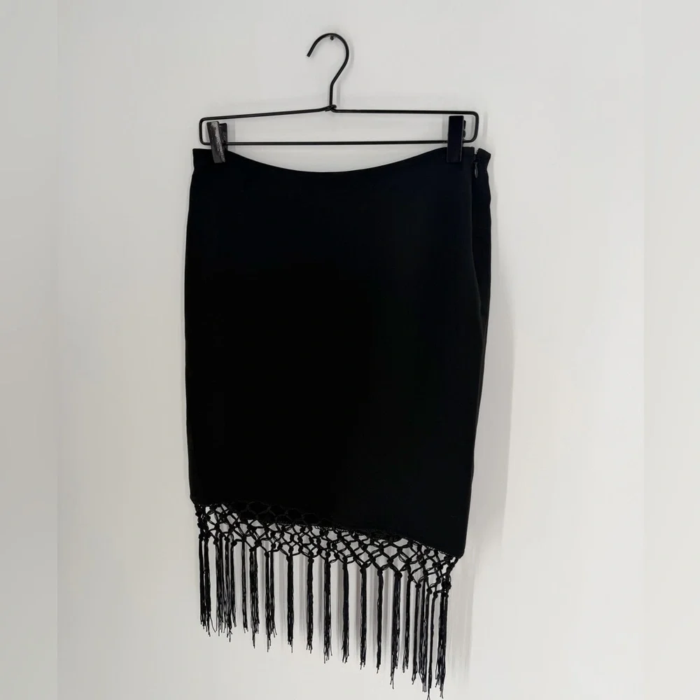Reformation Rafi Low Rise Crochet Fringed Hem Black Midi Skirt